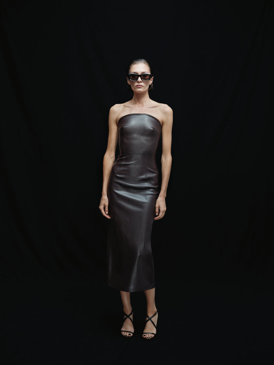 Eco-leather midi dress with a fastener on the back
