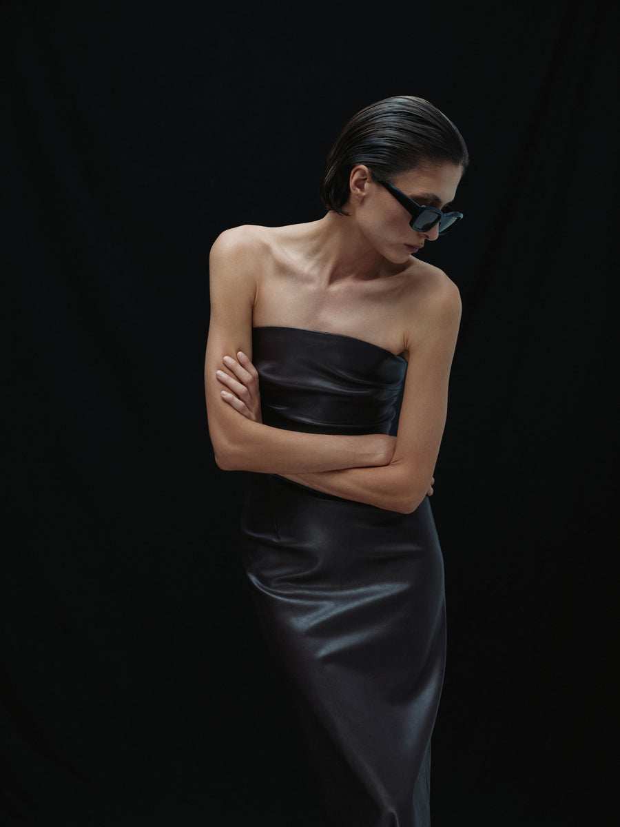 Eco-leather midi dress with a fastener on the back